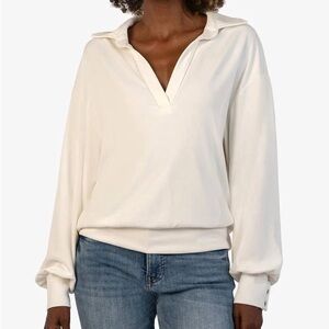 Kut from the Kloth Audrina - Long Sleeve Half Placket Knit Top - IVORY, NWOT